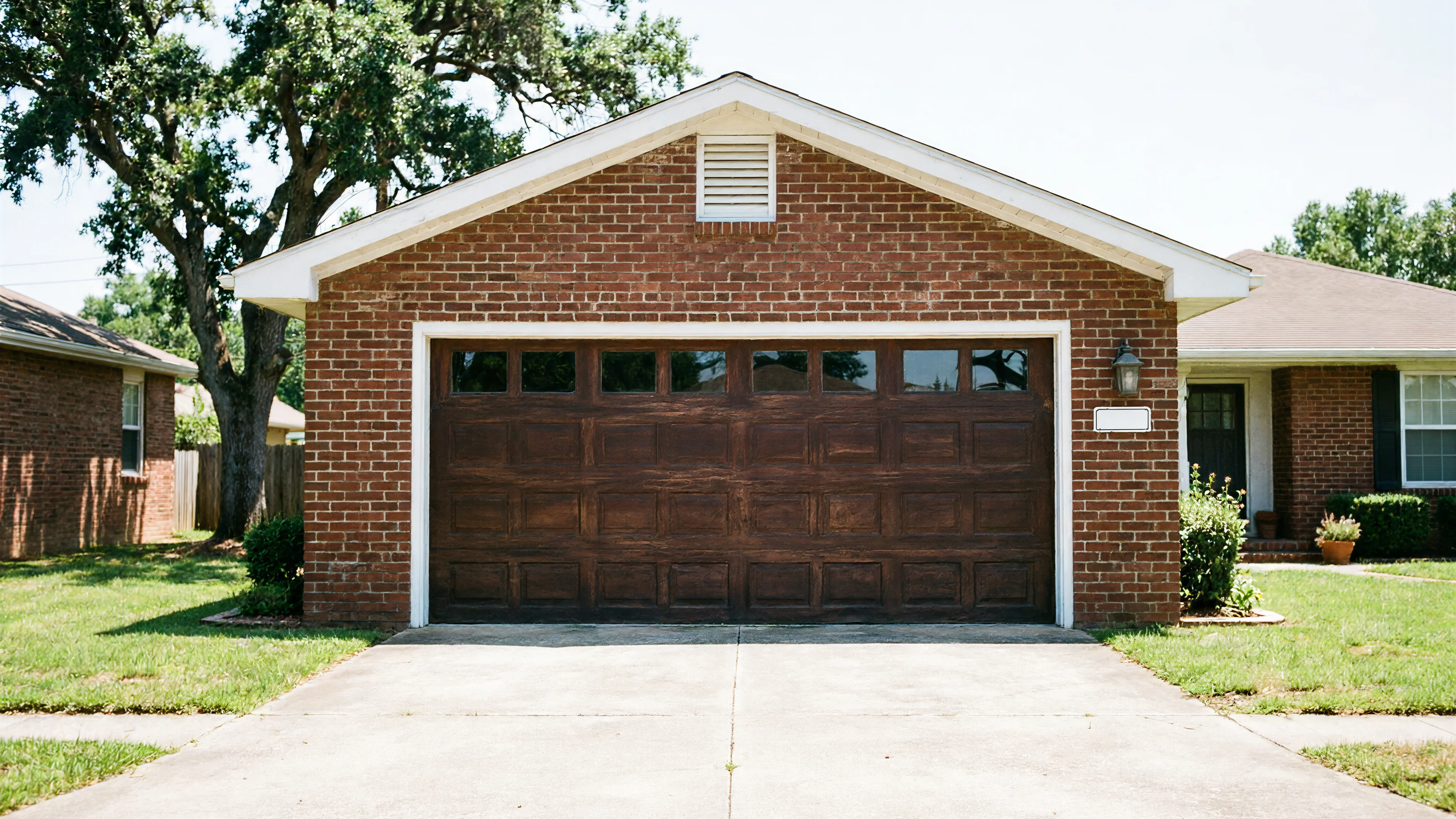 A brown garage door with windows on a brick house with a green lawn.